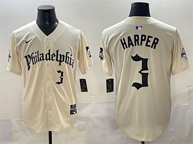 Men's Philadelphia Phillies #3 Bryce Harper Cream Gothic Vapor Limited Stitched Jersey Men's Philadelphia Phillies #3 Bryce Harper Cream Gothic Vapor Limited Stitched Jersey